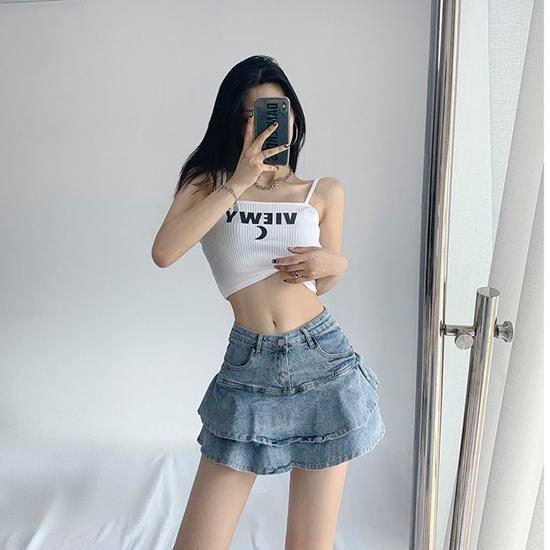 American Denim Skirt with Women's Inner Lining Design, High Waisted and Slim A-line Ruffle Edge Wrap Buttocks Skirt, Summer Bottoms