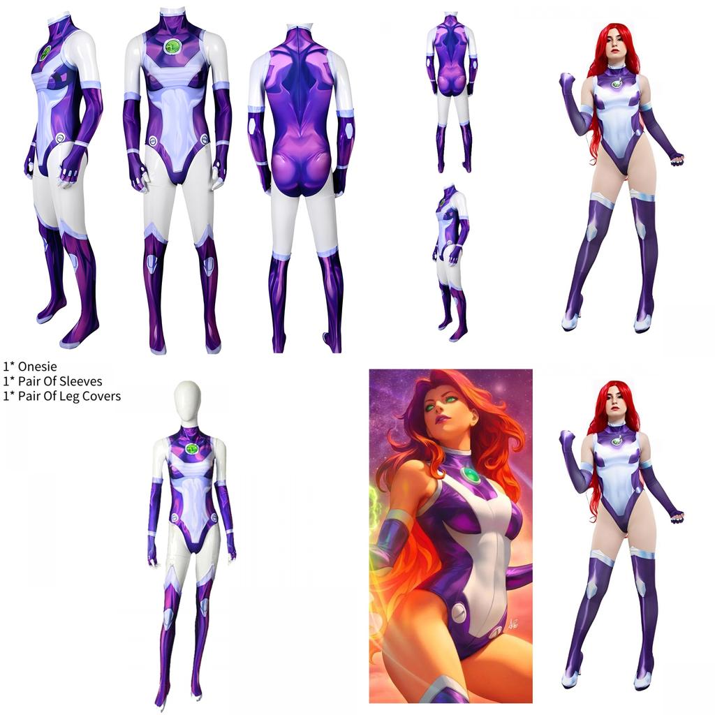 Mono de Cosplay Starfire de Teen Titans Disfraz de Halloween para Adultos Niños Tejido Elástico Transpirable Estampado 3D