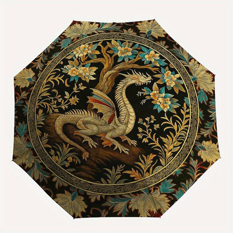 Dragon and Floral Tapestry Rug: Elegant Circular Design for Your Home Decor Umbrella, Portable 3-Fold Compact Umbrella for Men & Women R116