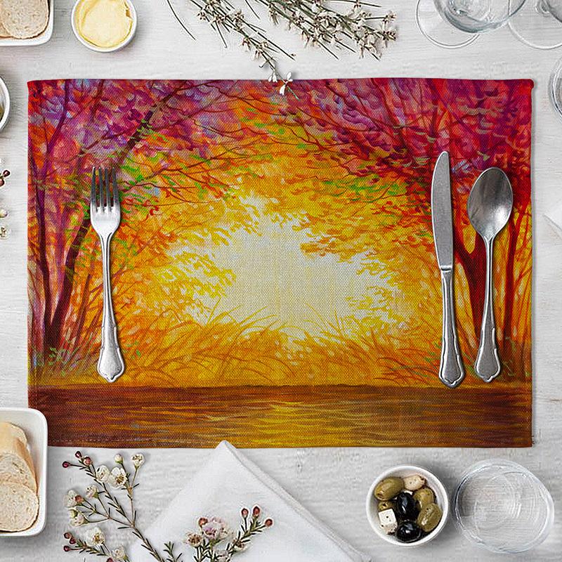 Waldmuster Platzsets Schneelandschaft Baum Fluss Bedruckte Tischsets Anti-Rutsch-Platzsets für Tisch Couchtisch Dekoration Untersetzer 2pcs 30x45cm