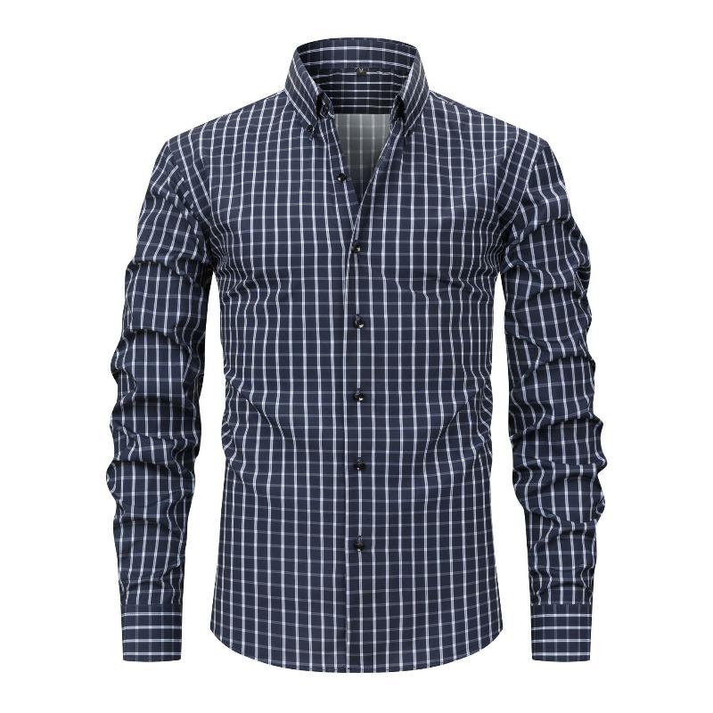 Men's High-Grade 4-Way Stretch Plaid Print Long Sleeve Shirt, Turn-down Collar Men Shirt Wholesale