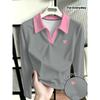 Gray, Long Sleeve Polo Collar Top with Pink Heart Accents - Easy, Stylish, Versatile, And Figure-Flattering.