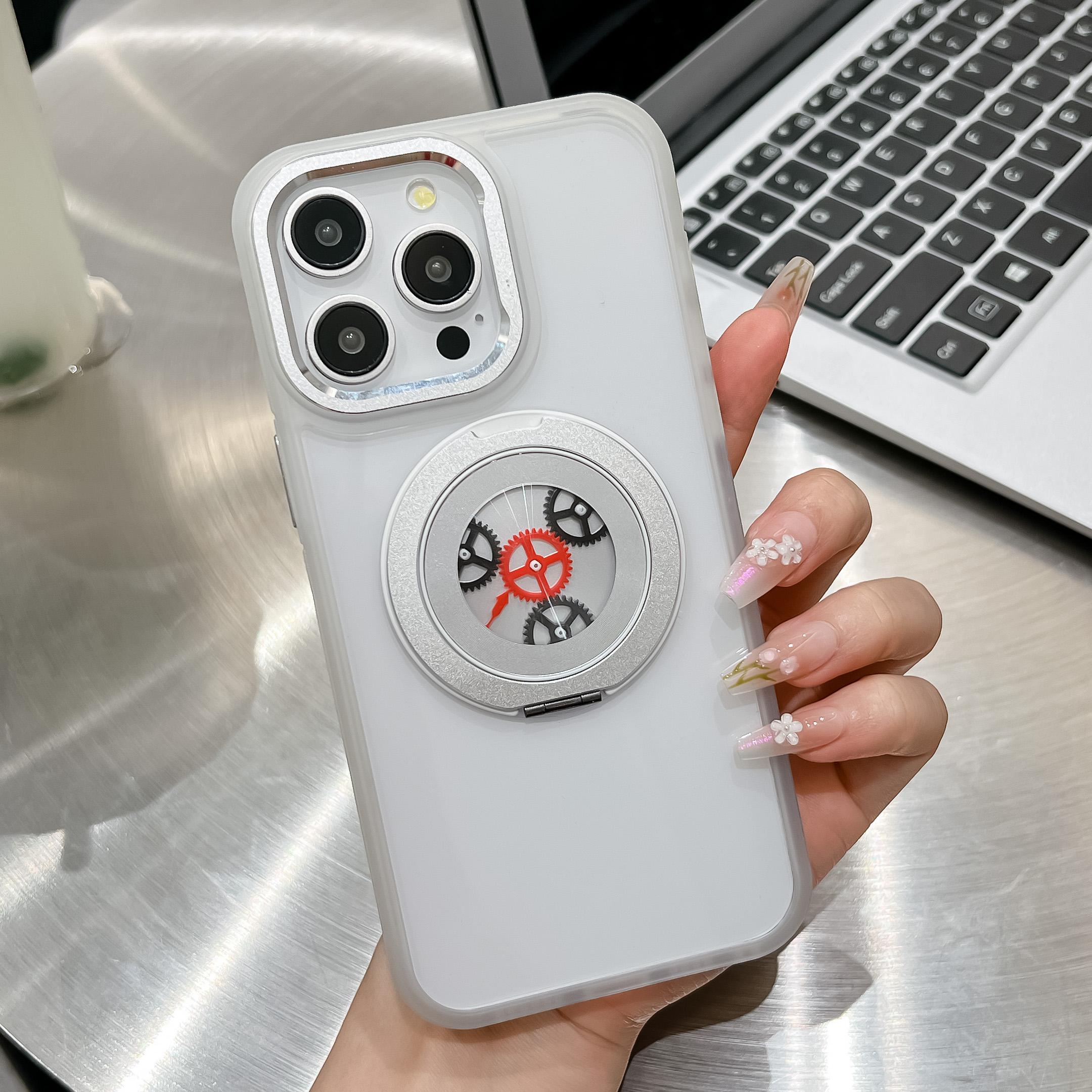 

For iPhone 15 Pro Magnetic Case TPU+Acrylic Kickstand Phone Back Cover Relieve Stress Gear Design White