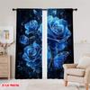 2pcs,2D Plane Printing Curtains Digital Printed Blue Rose Elegance Durable 100% Polyester Fabric (without Rod) Versatile All Use