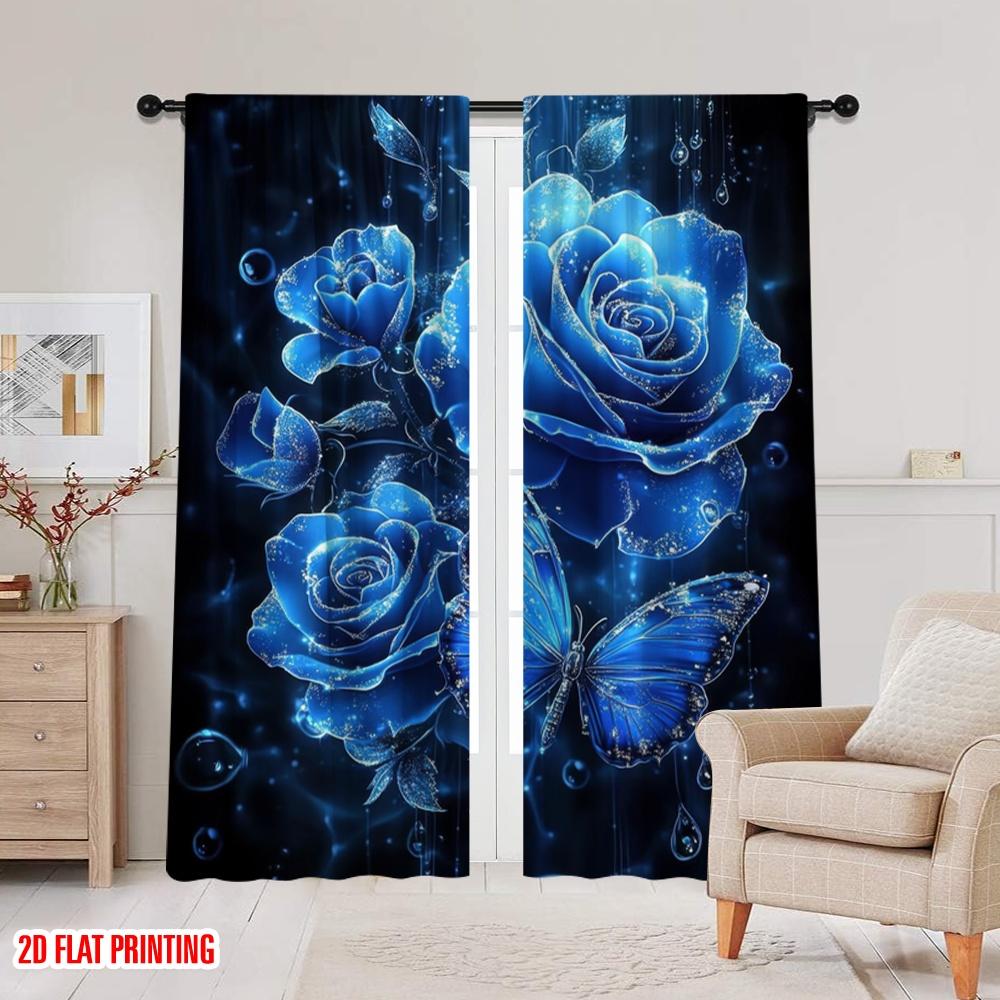 2pcs,2D Plane Printing Curtains Digital Printed Blue Rose Elegance Durable 100% Polyester Fabric (without Rod) Versatile All Use