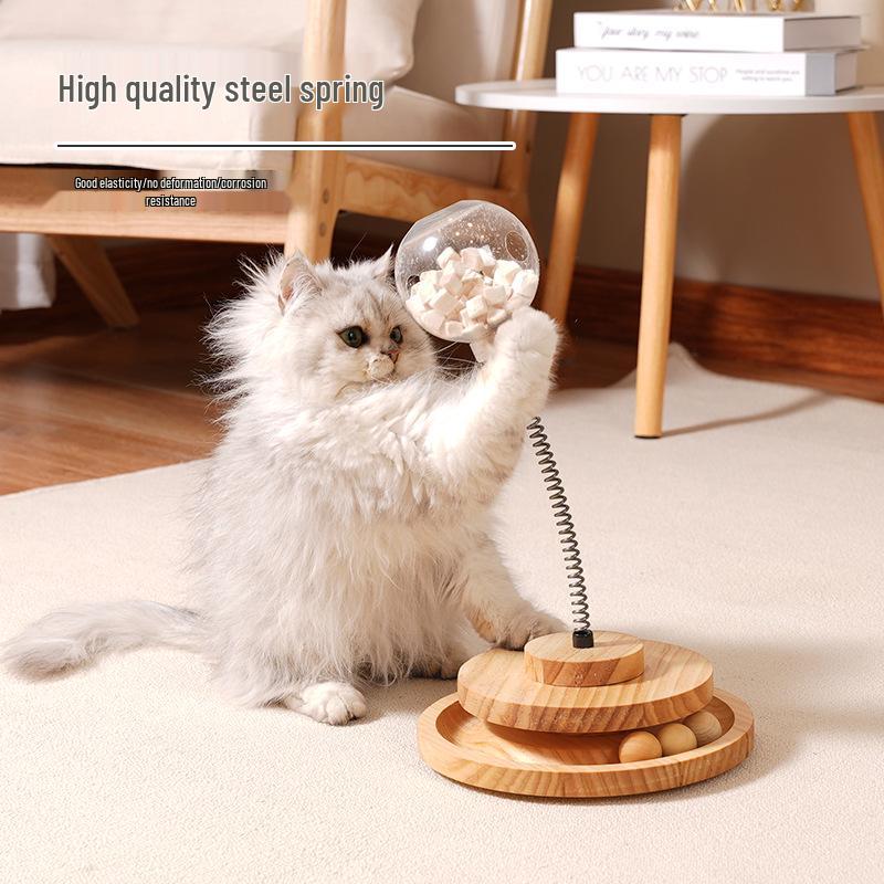 Solid Wood Rotating Catnip Ball and Teaser Wand Set - Cat Food Dispenser & Toy