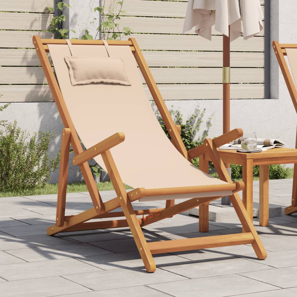 Foldable Beach Chair Beige Solid Eucalyptus Wood and Fabric