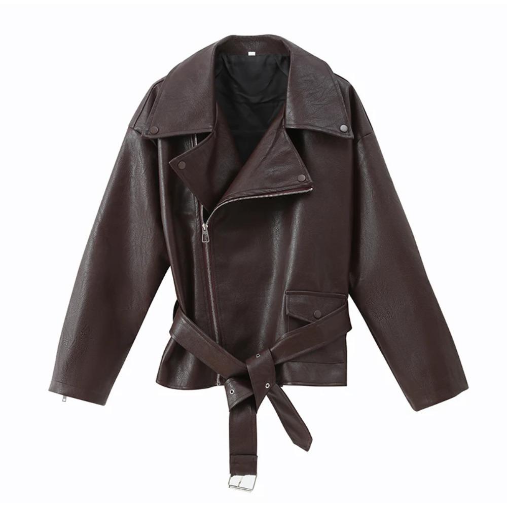 Casual Dark Red Zipper Leather Short
