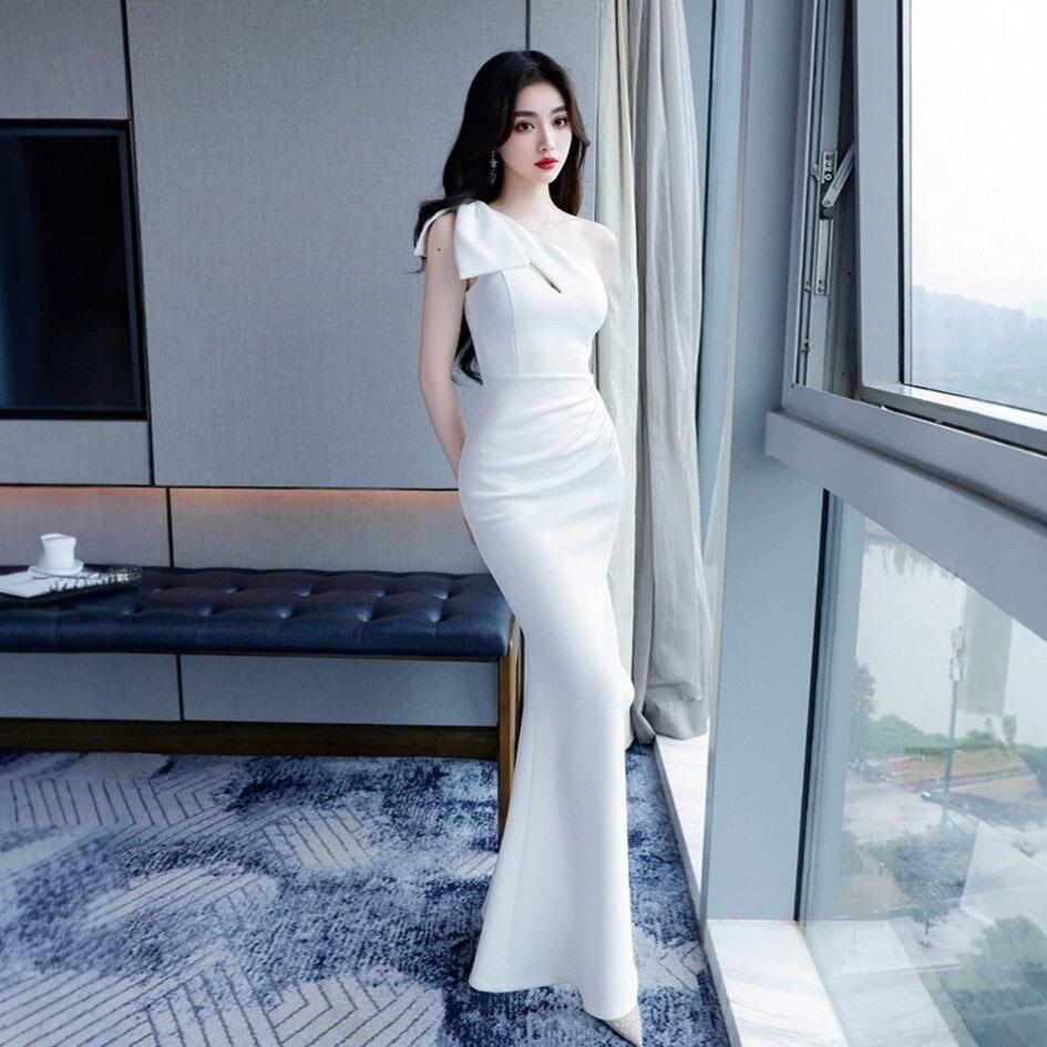 Temperament Single Shoulder Fishtail Dress Women's Waist and Thin Long Bow Design Banquet Evening Dress Celebrity Long Dress