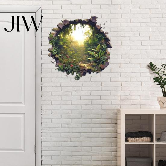 Waterproof Mural for Bathroom 3D Hole Forest Wall Sticker, Removable Green Plants Broken Decals, Self Modern Nordic Decor Adhesive Decoration
