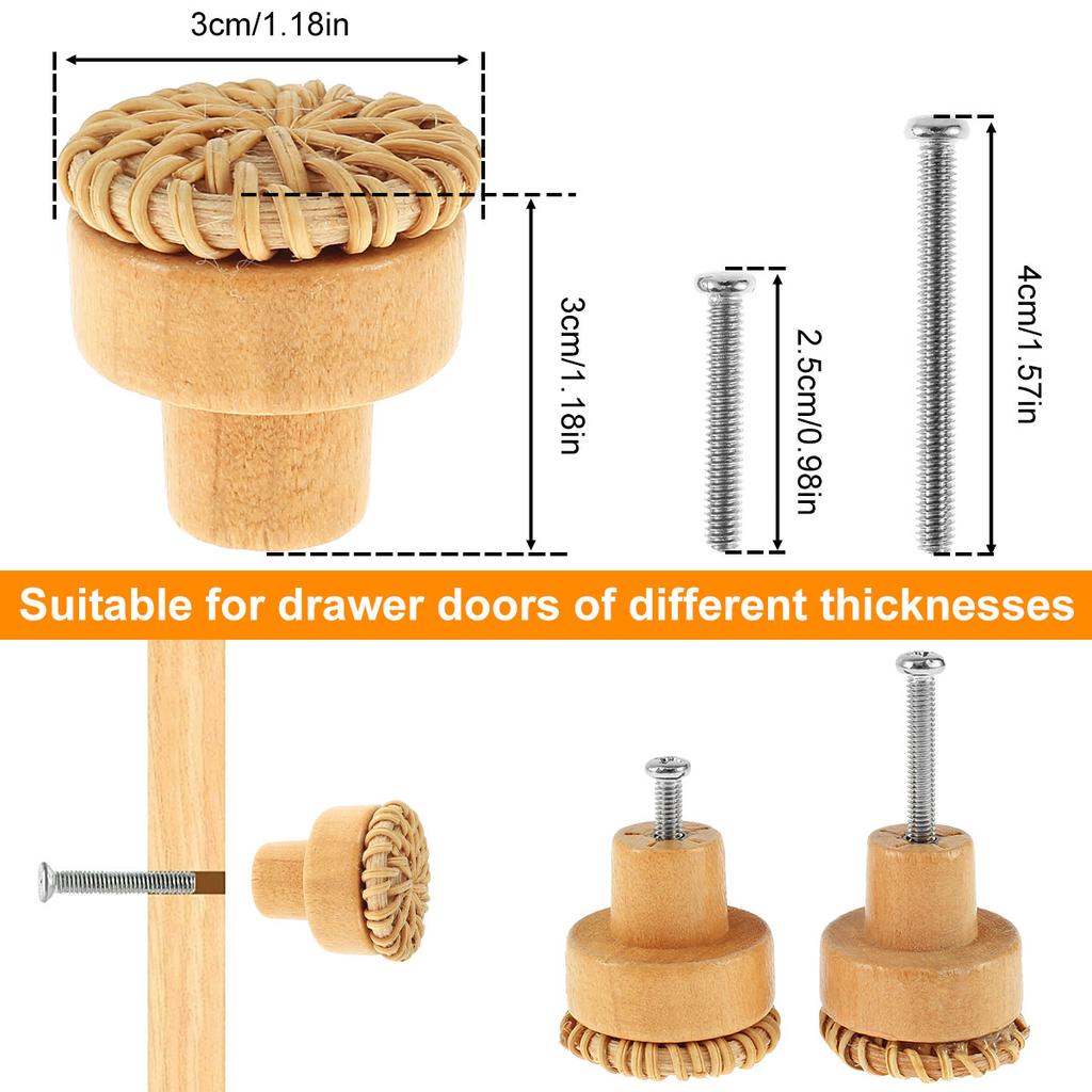 12Pcs Rattan Dresser Knobs Kit Round Wooden Drawer Knobs Decorative Furniture Pull Handles Multipurpose Woven Drawer Pulls for