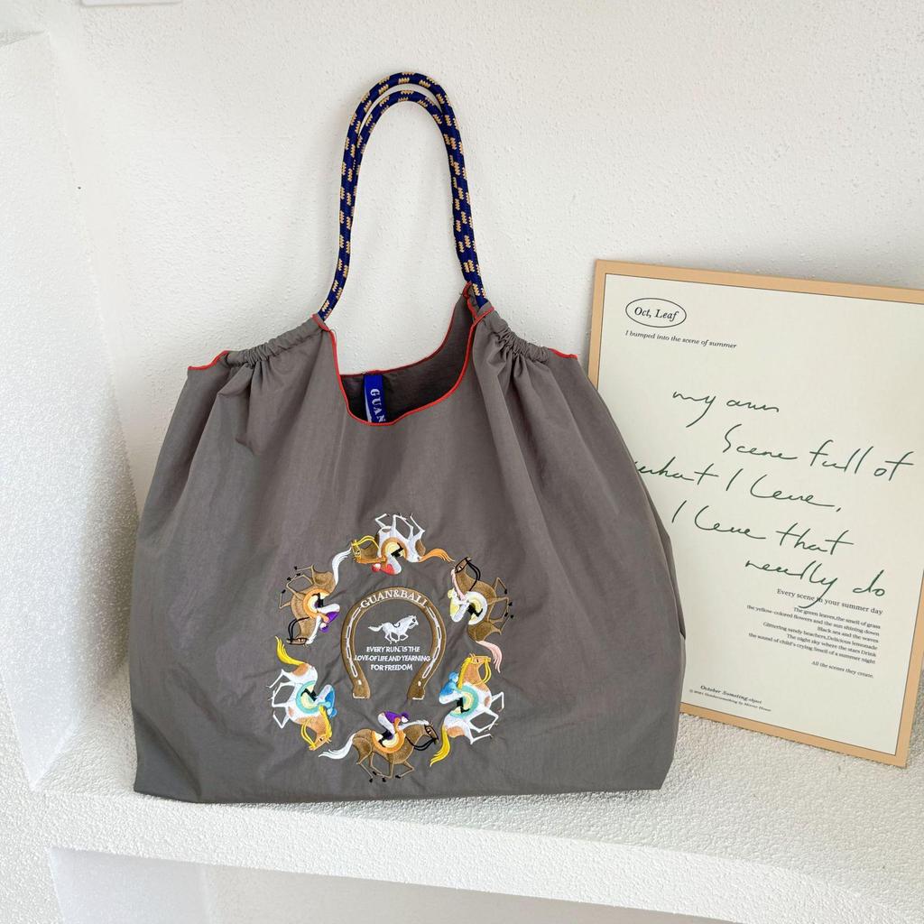 Japanese Style Handmade Waterproof Nylon Canvas Bag with Embroidered Patterns, Large Capacity