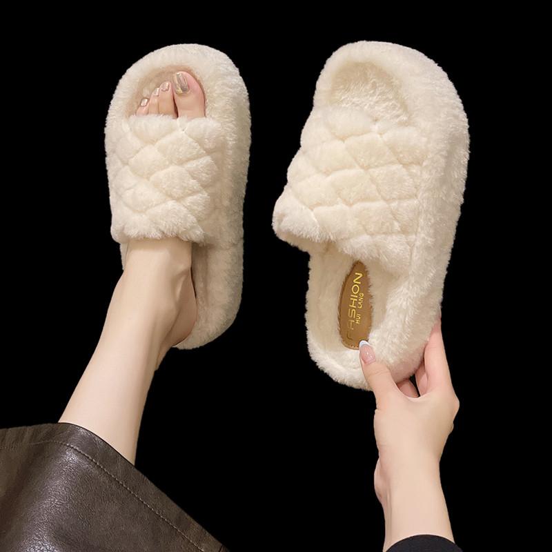 Fashion Aphixta Platform Warm Winter Furry Slippers Women Indoor Slippers Shoes Checkered Design Solid Color Footwear Size 42