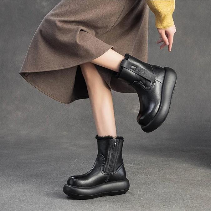 Johnature Retro Warm Side Zipper Thick Soled Women's Short Boots Genuine Leather Wool Snow Boots