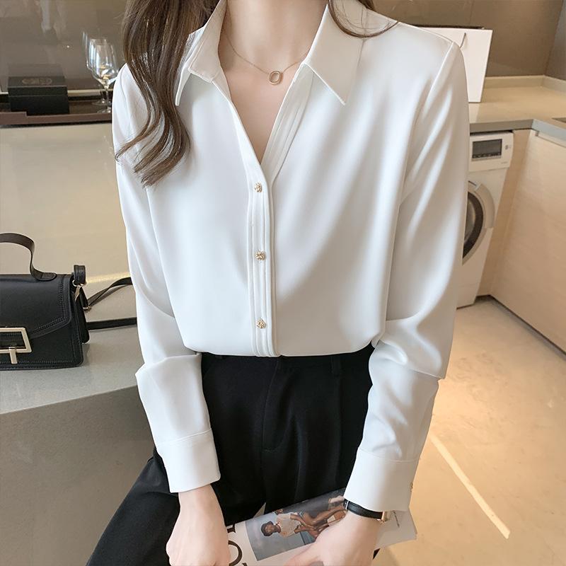 Spring 2026 Women s Satin Shirt: Loose Long Sleeve with Metal Buckle, Chic Vertical Texture, Slimming Chiffon Design Medium белый