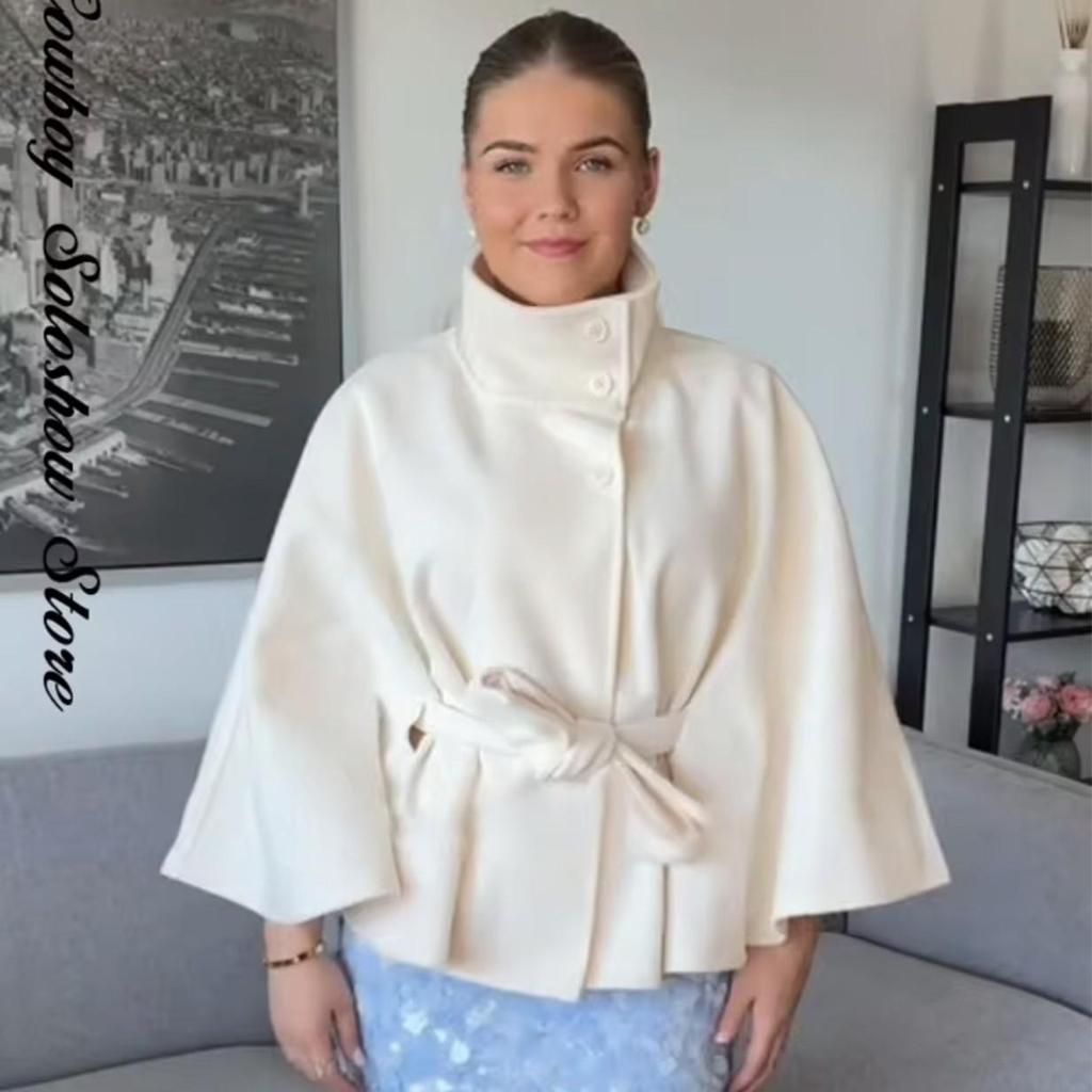 European & American Women's Trendy Loose Stand-Up Collar Bathrobe-Style Coat with Belt - In Stock