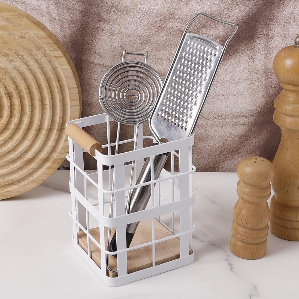 Square Iron Kitchen Storage Basket Wooden Base Hollow Chopstick Spoon Storage Box Anti-slip Decorative Dinnerware Storage Tube