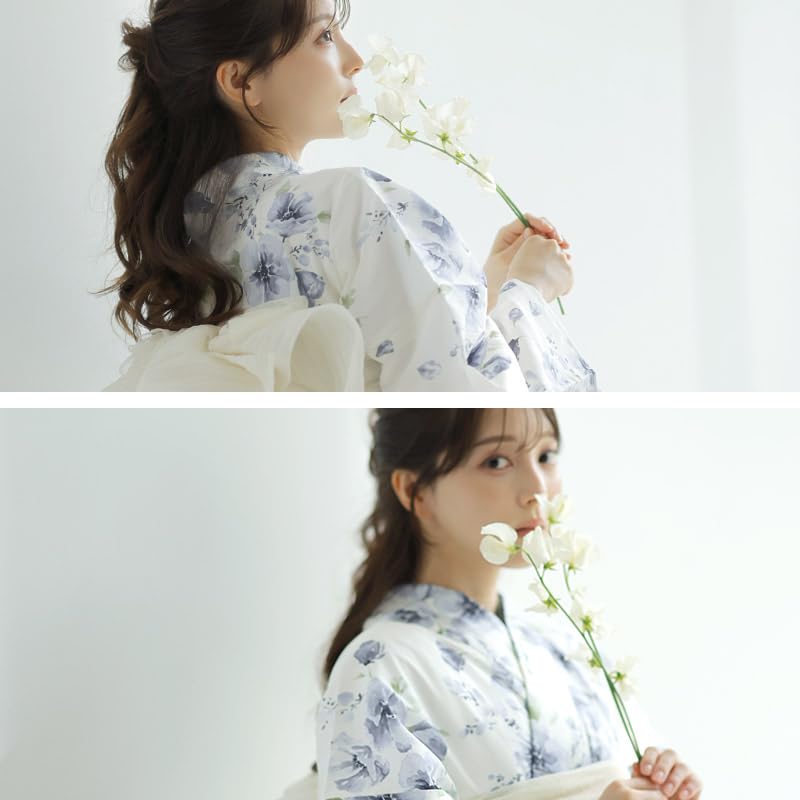 (Dita) Women's Yukata 5-Piece Set: Heiko Obi (Sash), Blue, White, Light Blue, Watercolor, Transparent Floral Pattern, Natural, Easy To Wear by One