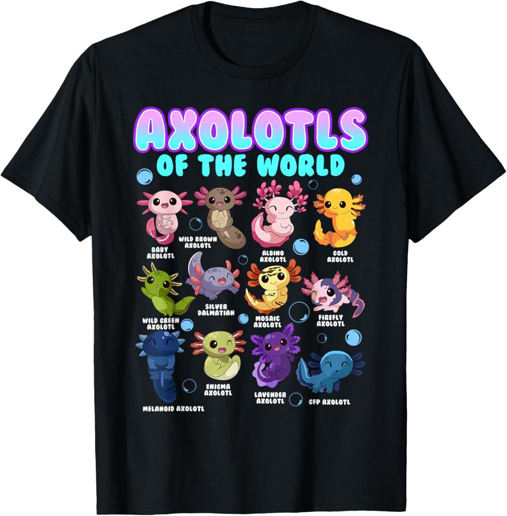 Axolotls Of The World Kawaii Salamander Graphic Tee Men Cotton Casual Short Sleeve T-Shirt Trip
