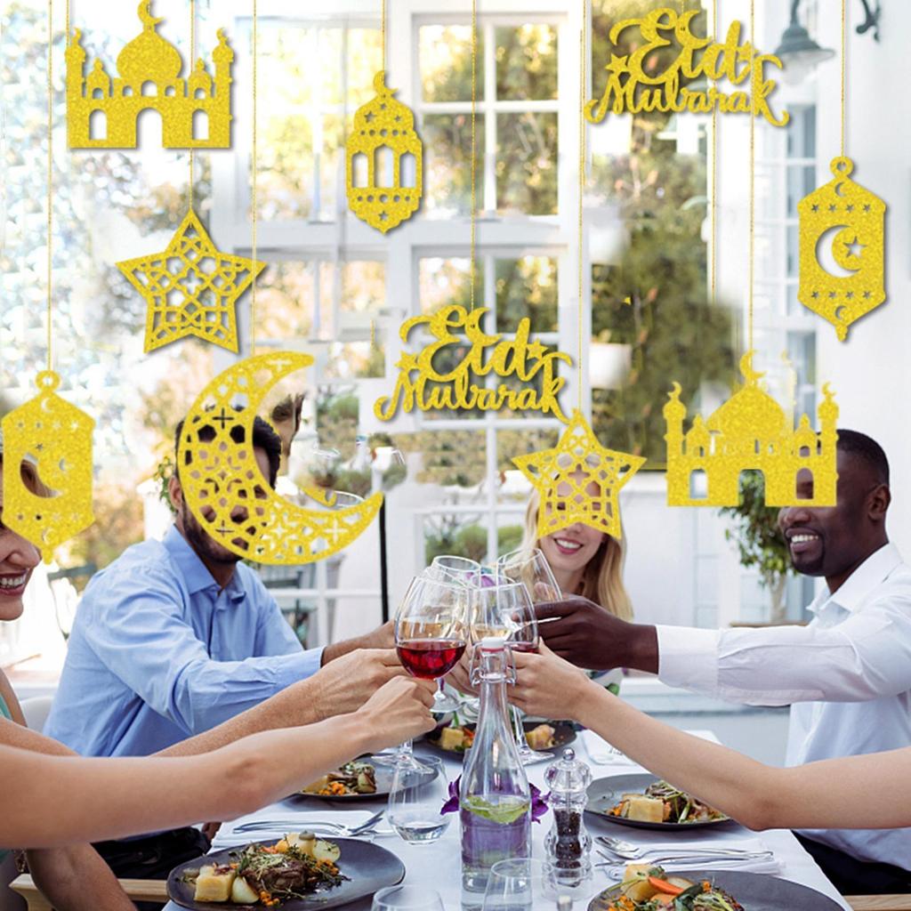 12x Ramadan Hanging Ornaments Rustic Eid Mubarak Pendants for Wall Tree Door