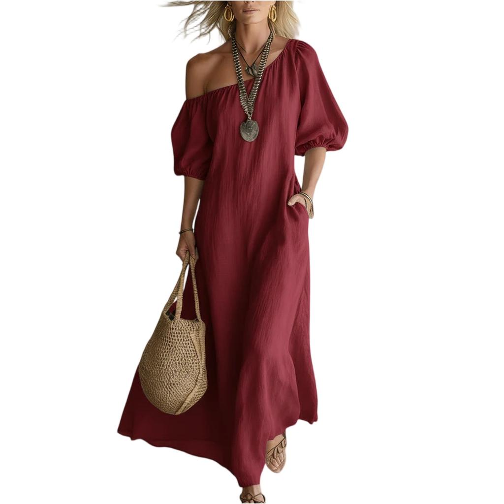 Women One Shoulder Maxi Dress Loose Fit Puff Sleeve Summer Casual Long Dress Lightweight Fabric Flowy Design