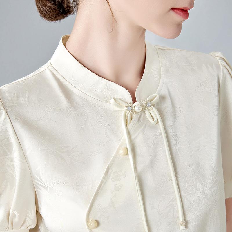 Dámská žakárová saténová halenka se stojáčkem Aktualizovaný dámský klasický styl Šifonová halenka s nabíranými rukávy Design Čínský styl Horní díl