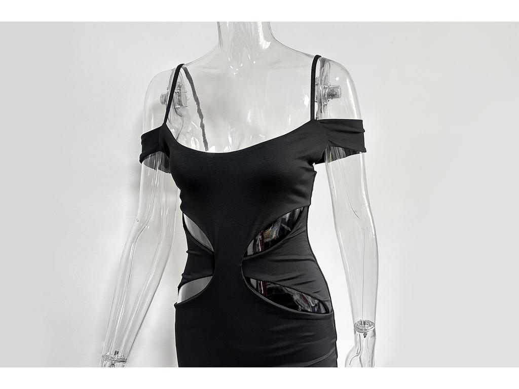 2024 European & American Sexy Spaghetti Strap Hollow-Out Bodycon Dress with Irregular Slit