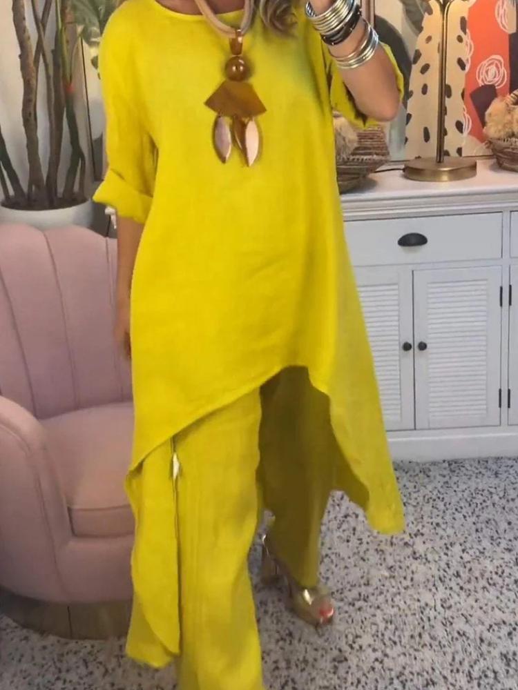 

Женский комплект из свободной блузки с асимметричным подолом и брюк широкого кроя в нескольких цветах 5XL жёлтый