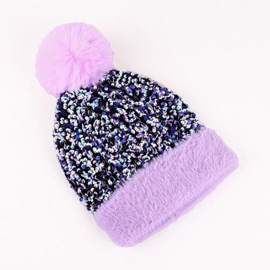 Women Warm Faux Fur Beanie Bobble Pom Pom Hat Sequin Cute Ski Snow Winter Hat