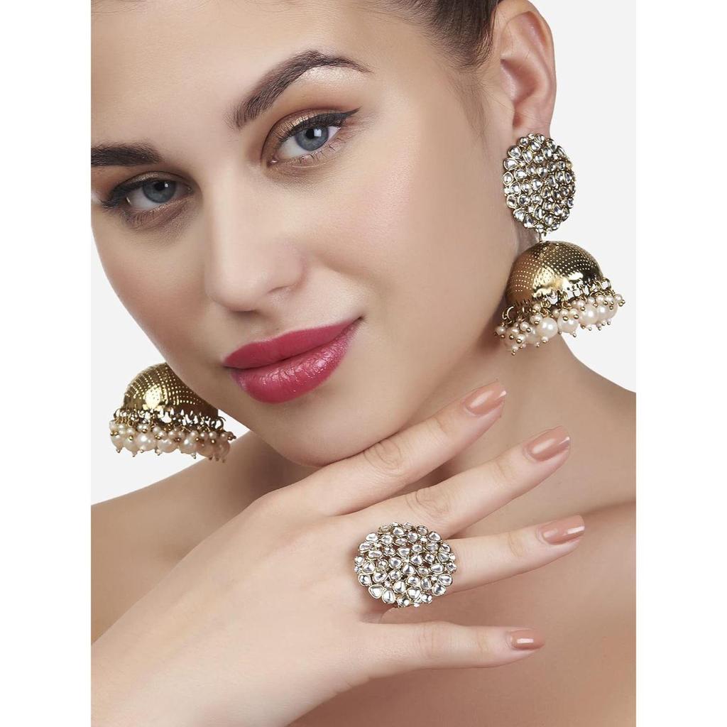 Antik Goldfarbenes Traditionelles Kundan Jhumki Ohrring & Ring Set für Frauen