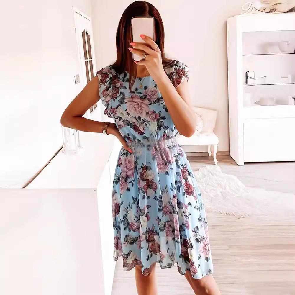 IHUASU Summer Holiday Style Ruffle Short Sleeve Chiffon Printed Rose Dress