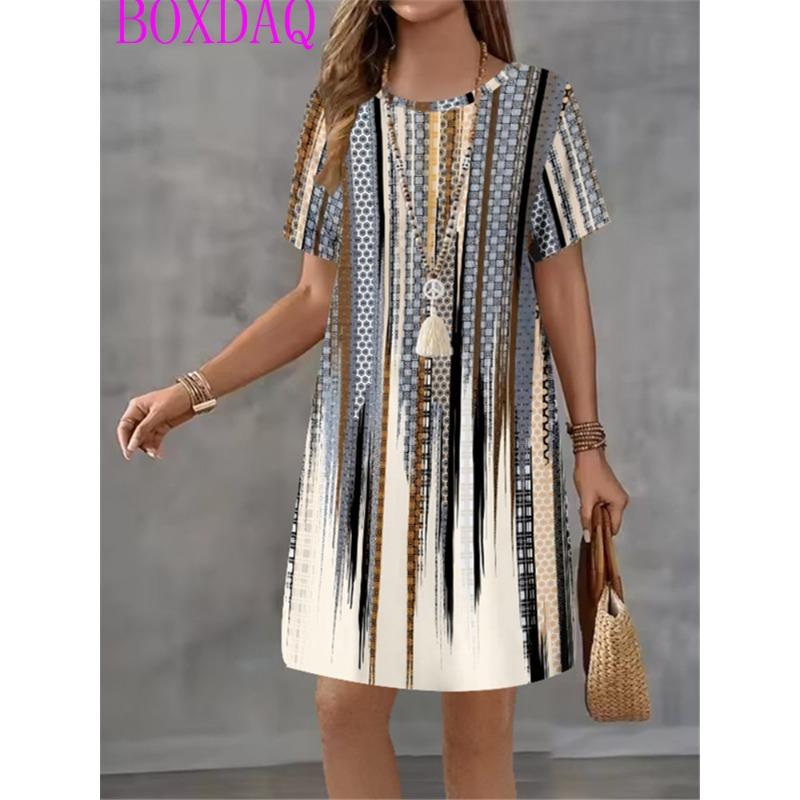 Alphabet Music Symbols Patterns Women Dress Summer Loose Casual Gradient Stripe Print Mini Dress Woman Short Sleeve A-Line Dress