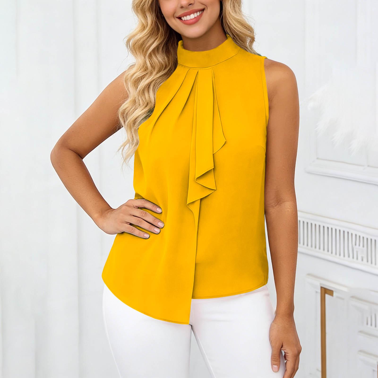 

Women s Fashionable Casual Temperament Elegant Pleated Color Sleeveless T-Shirt Top L жовтий
