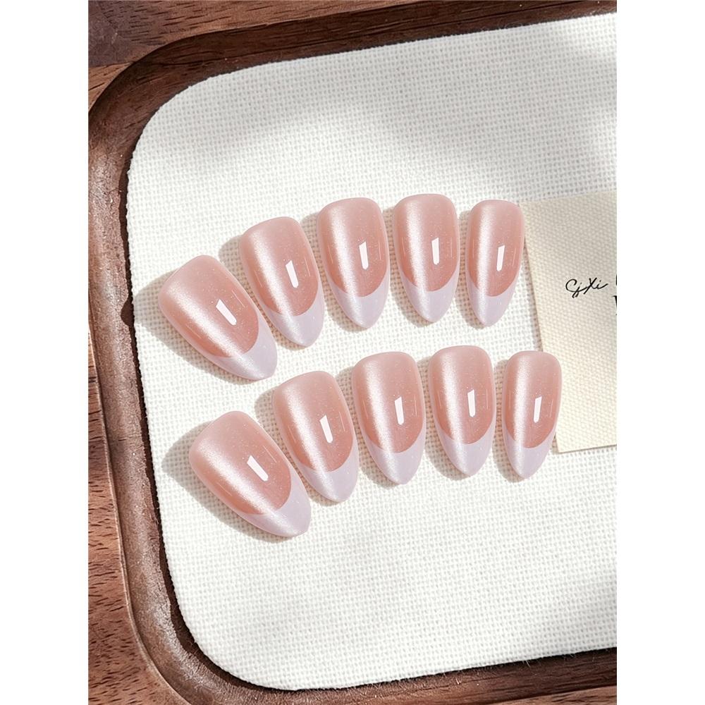 Solid Color Cat Eye Wear Nails Medium Long Almond Nails Simple French Style Removable Fake Nails