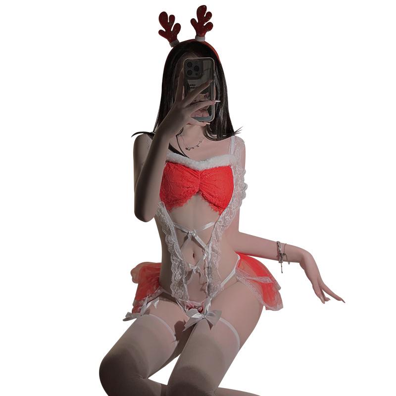 Gorgeous Sexy Maid Lingerie Christmas Role Play Set - Plush Cutout Mesh Skirt