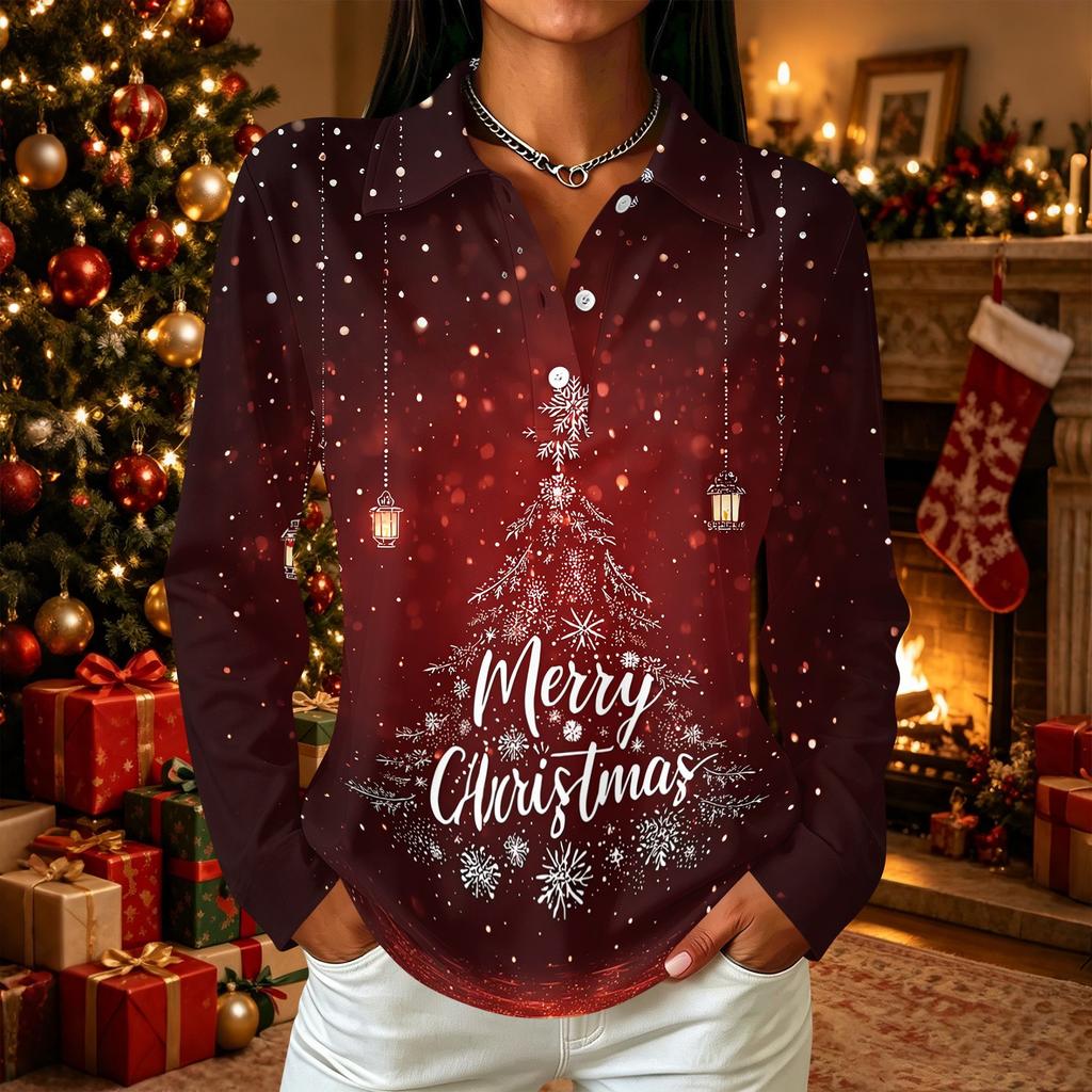 Women's Casual Long Sleeve Christmas Print Button Front Top with Collar and Side Slits