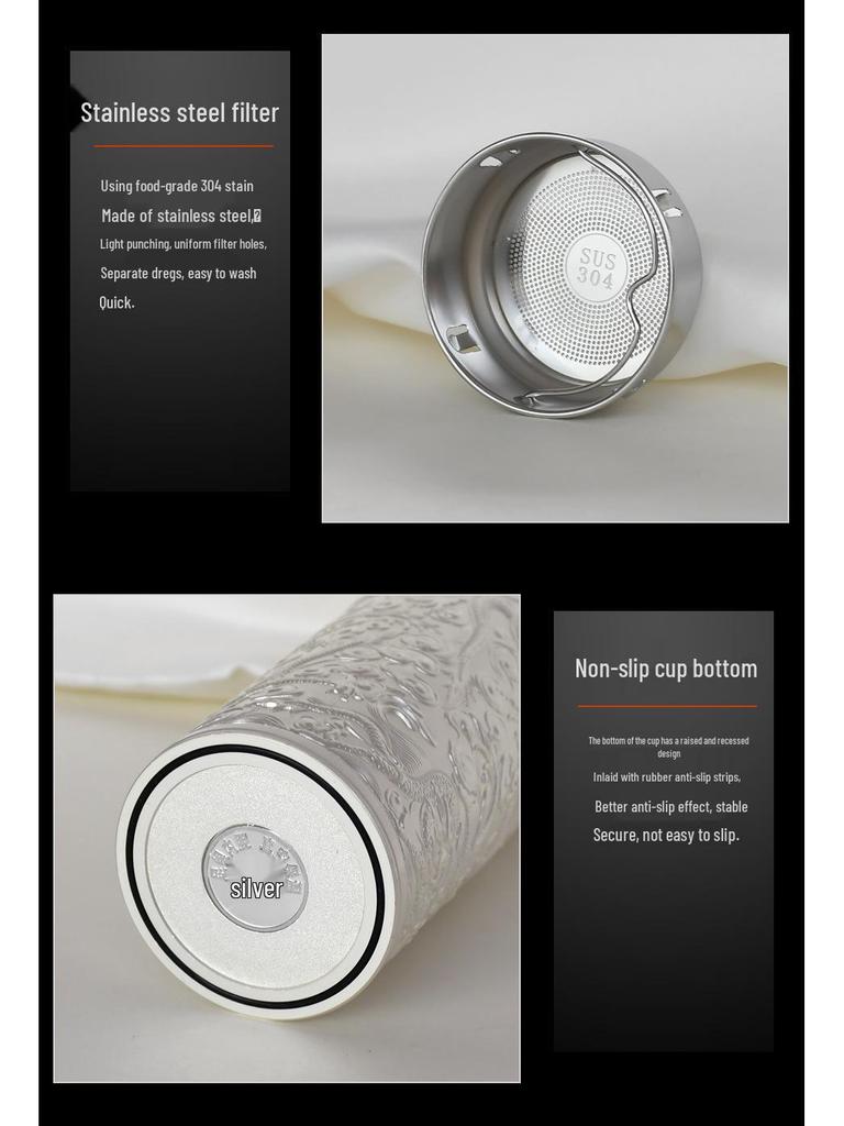 Reinsilber 9999 Thermalwasserbecher - Neun Drachen, Hundert Segnungen, Drachen & Phönix Design