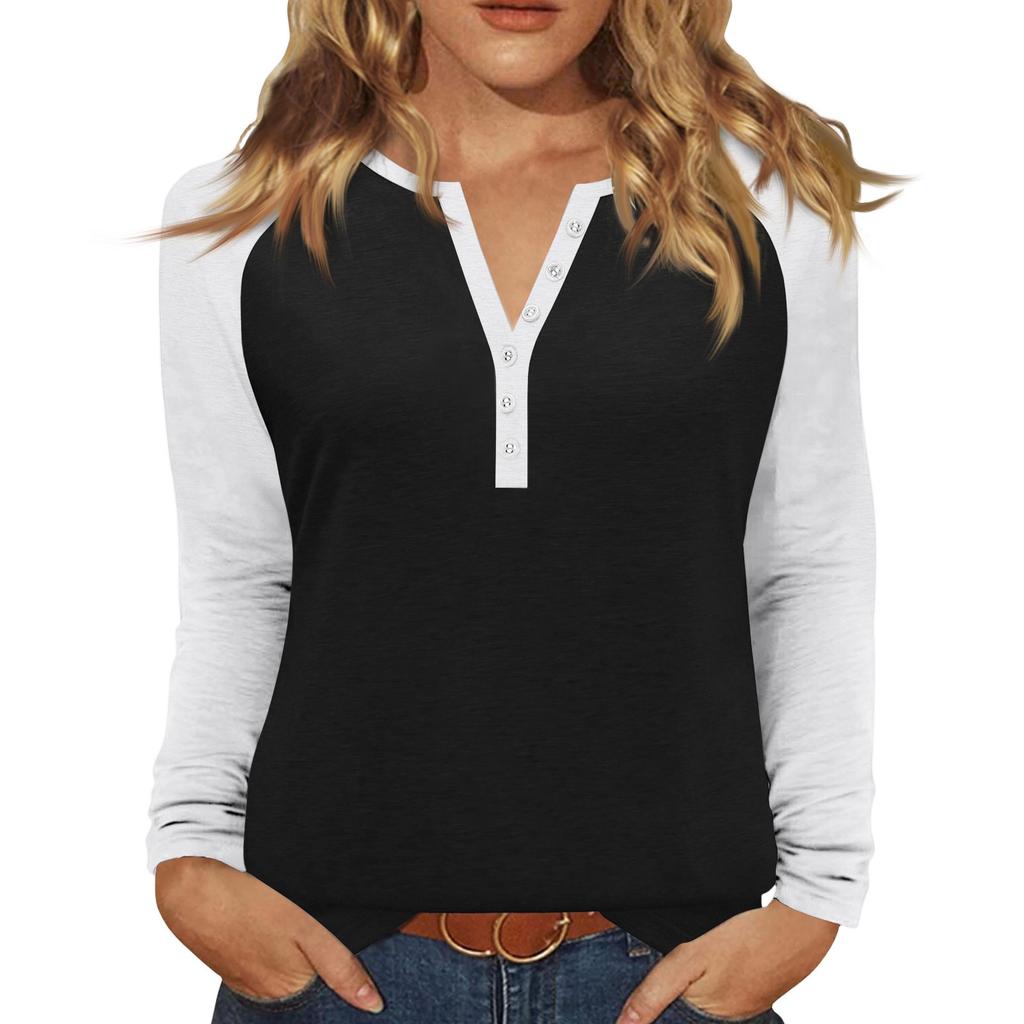 Women's T Shirt Color Block Button Long Sleeve Daily Weekend Fashion Basic V- Neck Regular Top