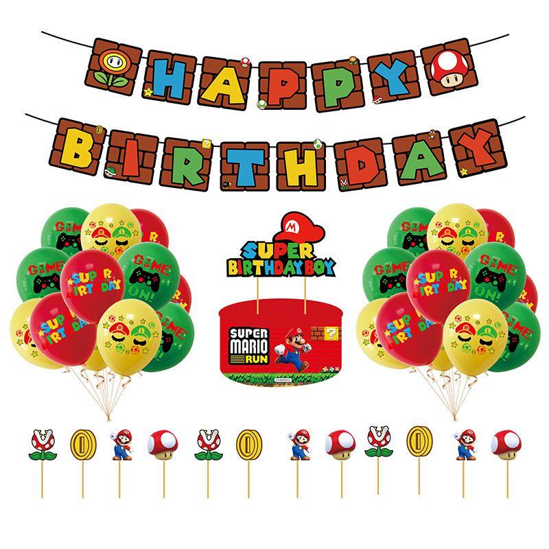Birthday Super Mario Party Decor Suit Supplies Set Balloon Banner Topper Cake