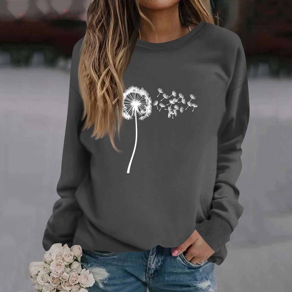 Mote for kvinner, avslappet langermet ensfarget trykket genser med rund hals