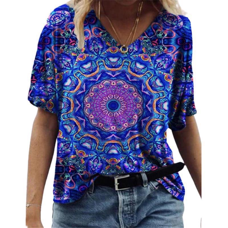 Women's T-shirt 3D Pattern Printed Casual Short Sleeved V-Neck Top Fashionable Street Women's Clothing
