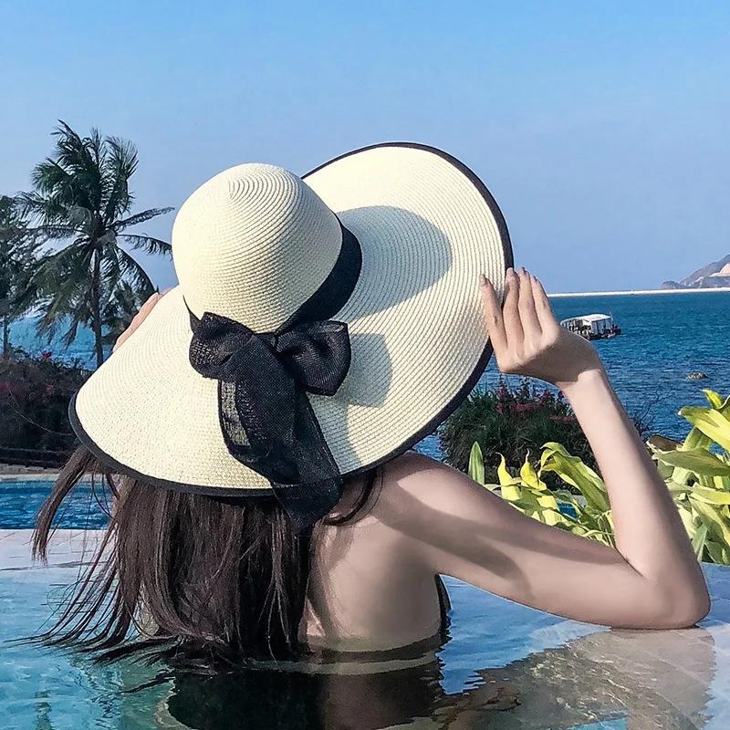 Damenmode Große Schleife Sommer Sonnenhüte Strand Flach Panama Dame Lässig Breitkrempiger Strohhut Strandkappe Schwarze Schleife Accessoires