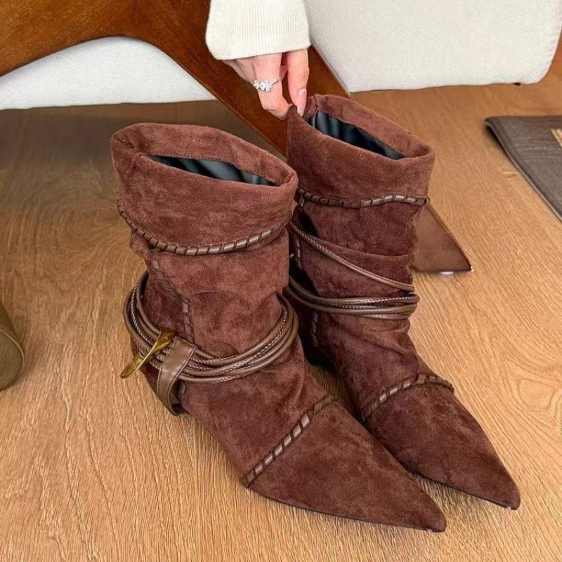 

Винтажный Maillard! Темпераментные замшевые остроносые ботильоны с металлической пряжкой женские 2025 осень и зима плетеные двусторонние короткие сапоги 40 коричневый