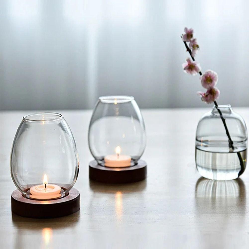 Glass Candlesticks with Cup Cover Round Table Decoration Ornaments Windproof Candle Holders  Home