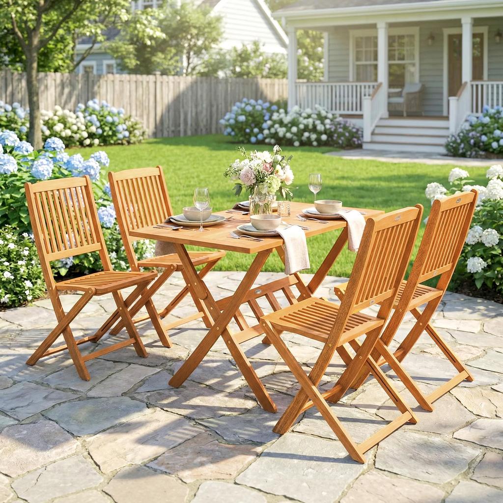 Garden Furniture Set Acacia Wood Seating Group 5-Piece Foldable Table with 4 Folding Chairs Slatted Design