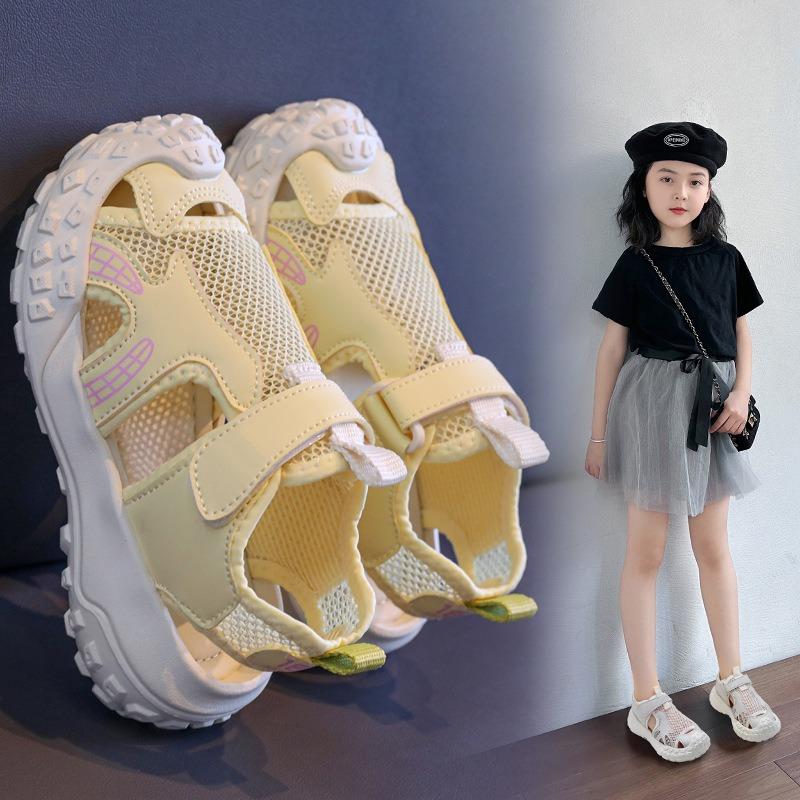 New Summer Kids Mesh Hollow Out Sports Sandals, Single Mesh Solid Color Girls Shoes