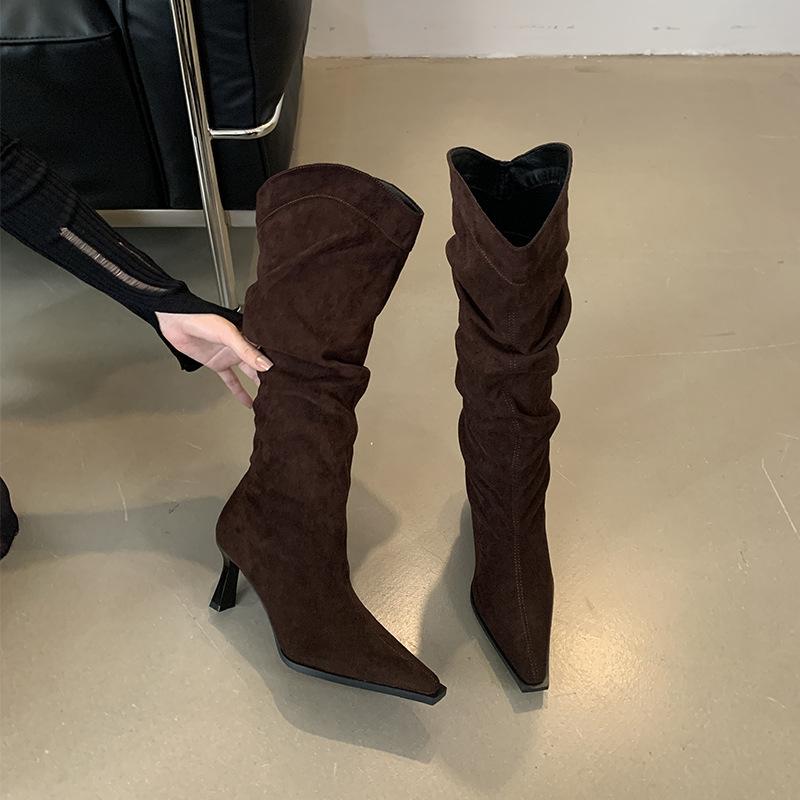 

Pointed pleated knee boots women s 2025 autumn and winter new matte suede stiletto high boots 39 коричневий