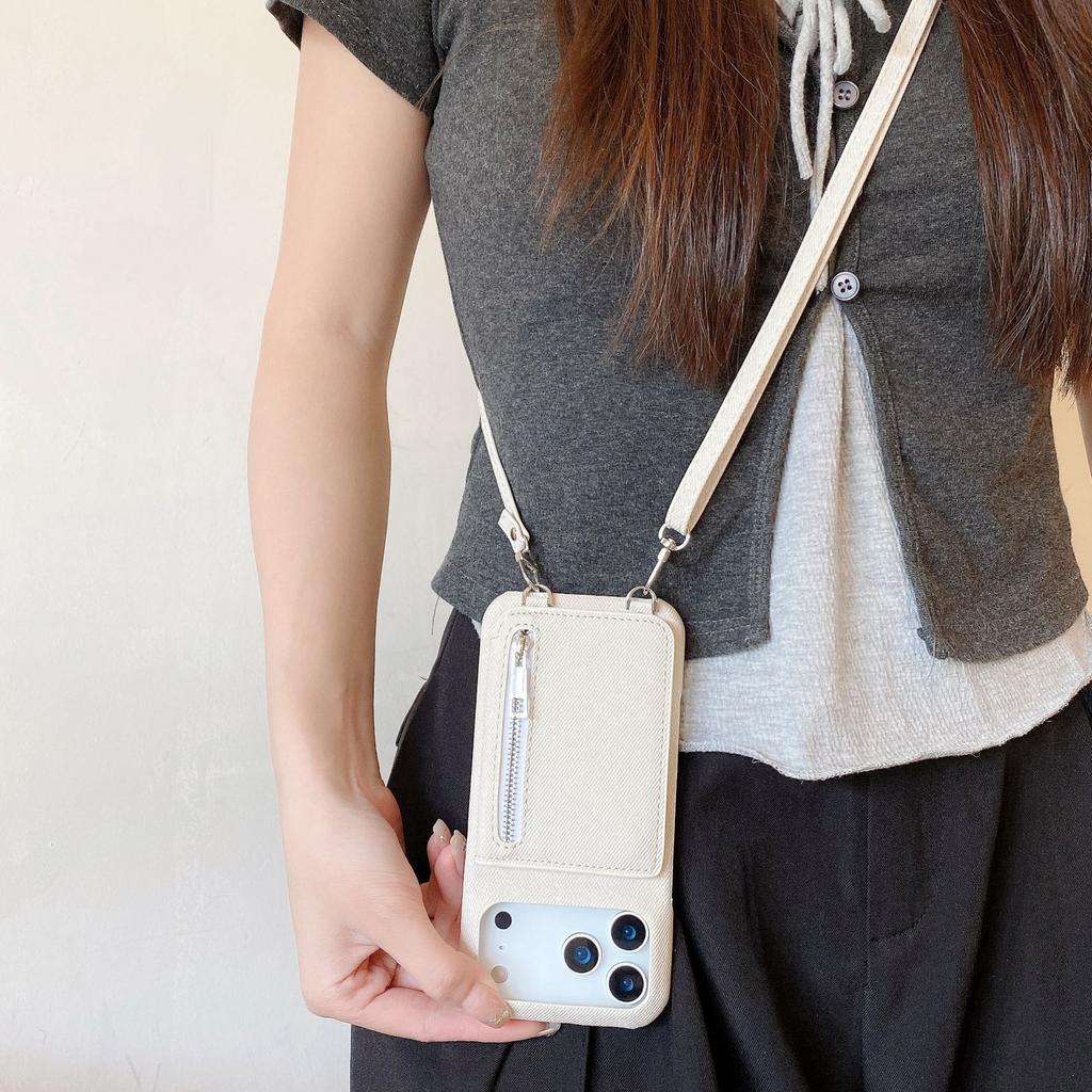Denim card bag is suitable for Apple 17Air mobile phone case iPhone16Pro mirror 15max lanyard 14 protective case.