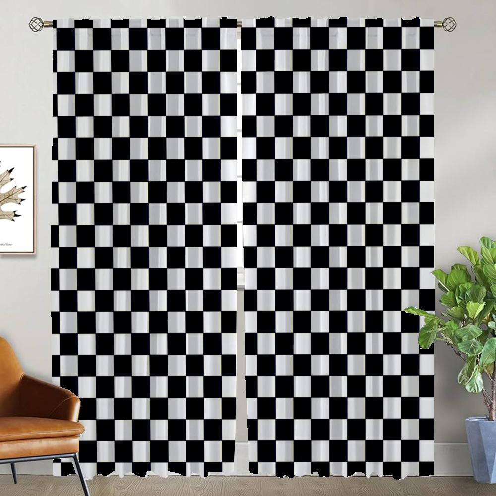 Window Curtain for Room 2 Panel Checkerboard Tulle for Bedroom Home Interior Curtains 2 Pieces Halloween Decoration Shades Child