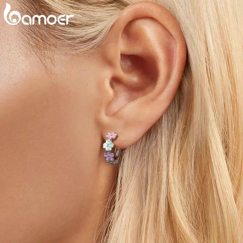 Cercei cu cerc cu flori multicolore din argint 925 BAMOER, cu flori emailate, catarame pentru urechi, pentru femei, fete, petrecere, bijuterii fine